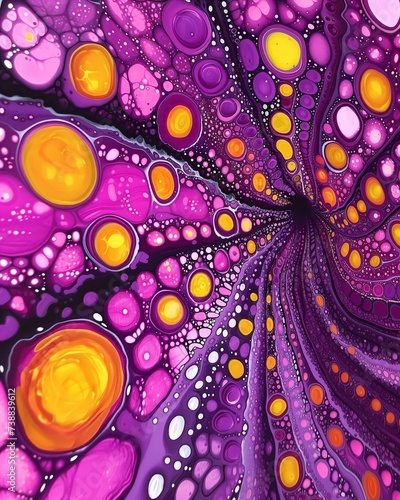 Abstract Purple and Yellow Fluid Art Pattern with Vibrant Swirls and Bubbles for Creative Backgrounds © Psykromia