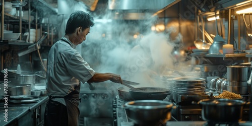A male chef cooks in an industrial kitchen.