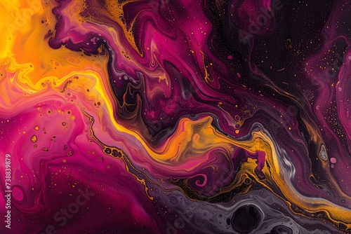 Abstract Liquid Art with Vibrant Yellow and Purple Hues, Swirling Patterns for Creative Backgrounds and Designs