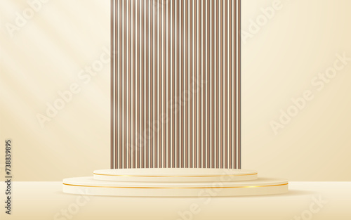 Cream podium with elegant golden lines with brown slatted backdrop for advertisement display. Display of cosmetic products. stage or podium. vector illustration