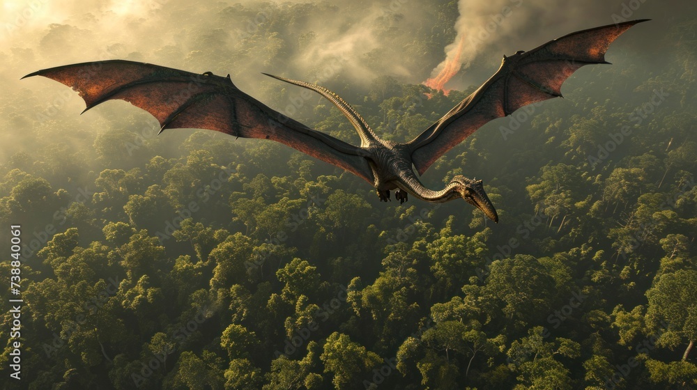 Fototapeta premium Flying dinosaur, Pterodactyl, flying high in sky in prehistoric environment. Photorealistic.