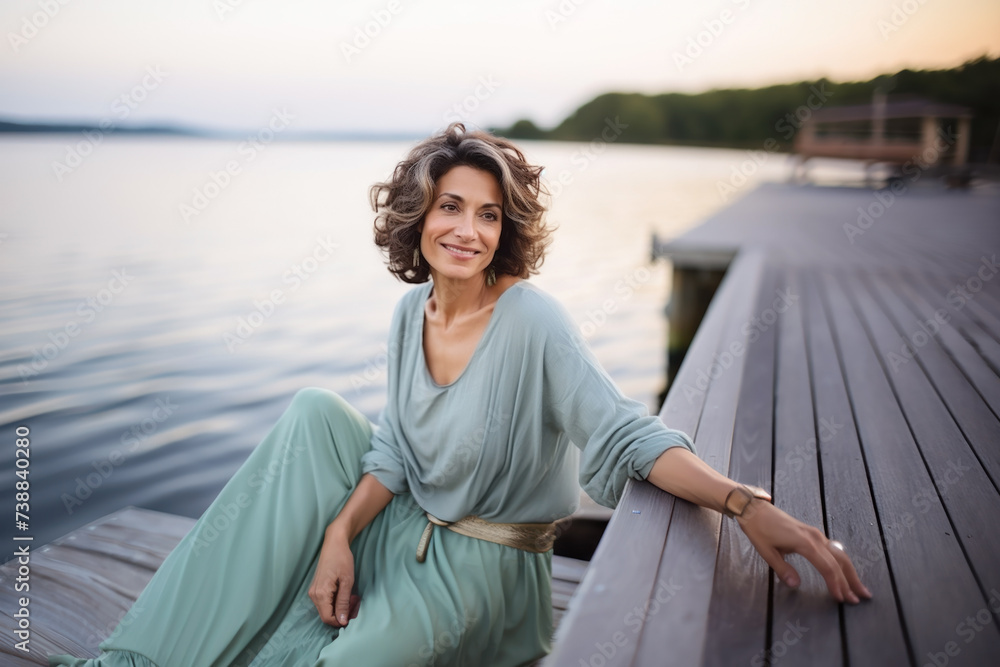 A mature woman in a green dress sits on a pier by the lake.