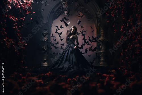 A beautiful woman in a black dress stands in a Gothic garden surrounded by roses and bats.