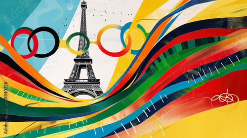 View of the Eiffel tower, Paris France with abstract colorful flowing lines