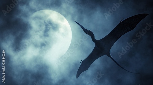Flying dinosaur  Pterodactyl  flying high in sky with moon. Photorealistic.