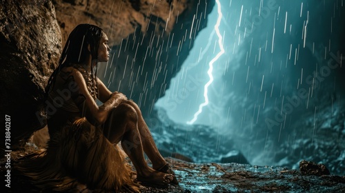 Caveman in heavy rainstrom watching a lightning bolt strike on ground. Photorealistic. #738840287