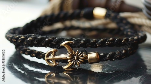 
Black nautical rope bracelet with anchor pendant for men. Ocean lover  photo