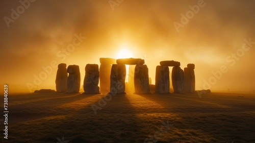 Colorful sunrise at famous Stonehenge ancient mystery site in England UK.