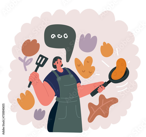 Vector illustration of Woman making thin pancakes on frying pan in kitchen