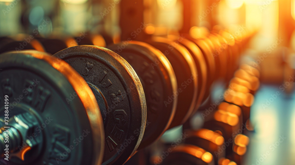 Row of graduated dumbbells on rack in fitness center, focus on the weights with a glowing warm light - obrazy, fototapety, plakaty 