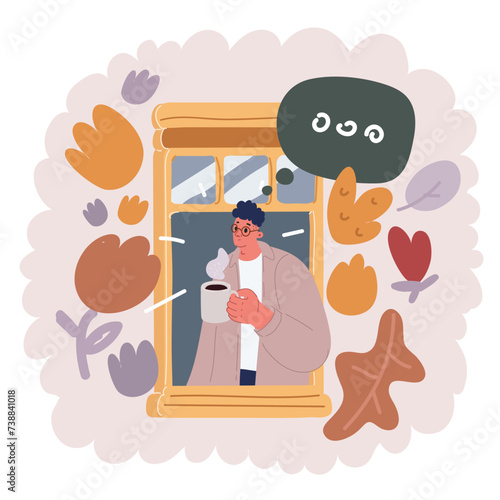 Vector illustration of Young man looking out his window