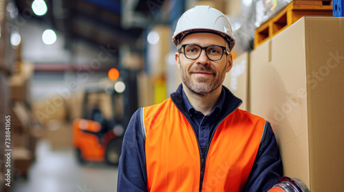 Mature warehouse worker in reflective safety vest and helmet, holding helmet under arm, smiling in a warehouse environment © Kowit