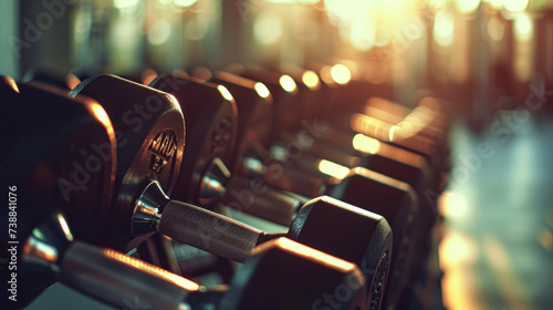 Row of graduated dumbbells on rack in fitness center, focus on the weights with a glowing warm light photo