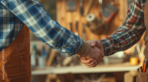 Two craftsmen in a woodworking workshop sealing a deal with a firm handshake, showcasing partnership and collaboration