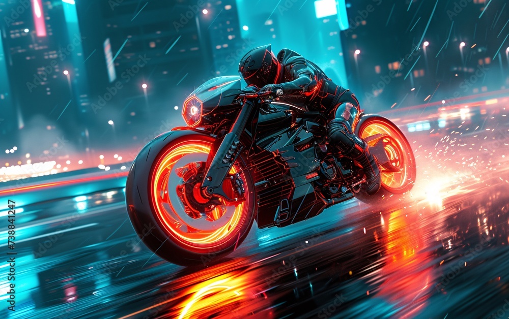 a person riding a motorcycle with red lights