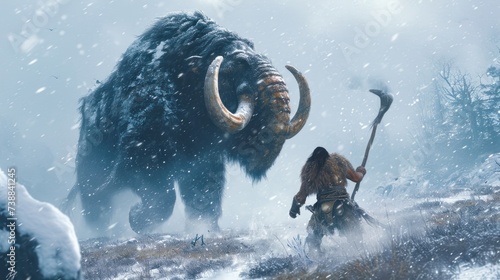 Hunting scene of primitive caveman attacking a giant mammoth in wild field.