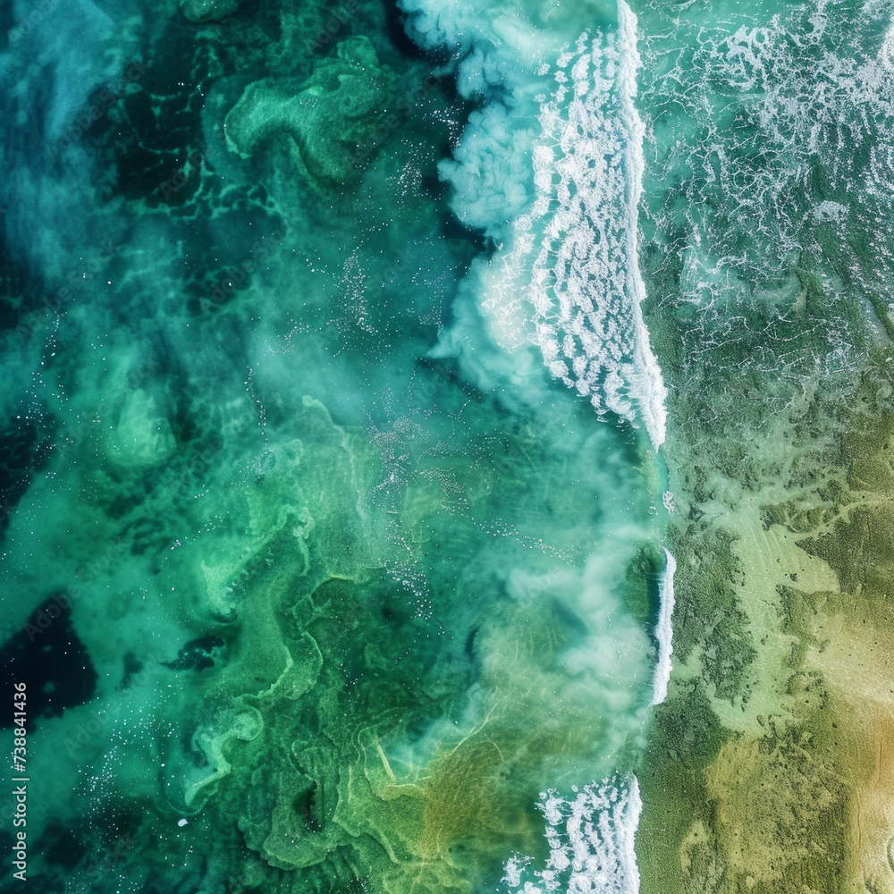 Aerial photography of the tropical coast, corals and waves of the sea.