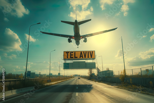 Airplane landing with TEL AVIV sign in the foreground, arriving in Israel, Ben Gurion airport 