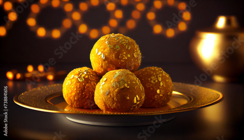 Sweet Motichoor laddoo is also known as Bundi Laddu or Motichur Laddoo which originated from very small Gram flour balls or Boondis, with diwali celebration concept background, Ai generated image photo