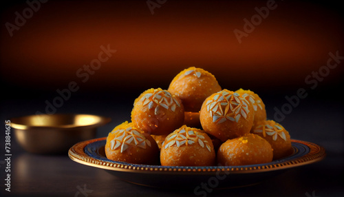 Sweet Motichoor laddoo is also known as Bundi Laddu or Motichur Laddoo which originated from very small Gram flour balls or Boondis, with diwali celebration concept background, Ai generated image photo