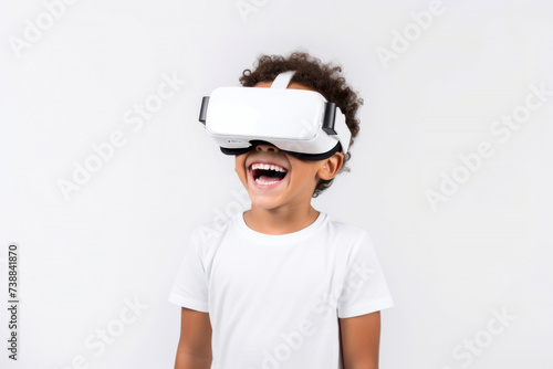 Portrait of young kid wearing VR glasses experience isolated on clean background, virtual reality world, technology futuristic.