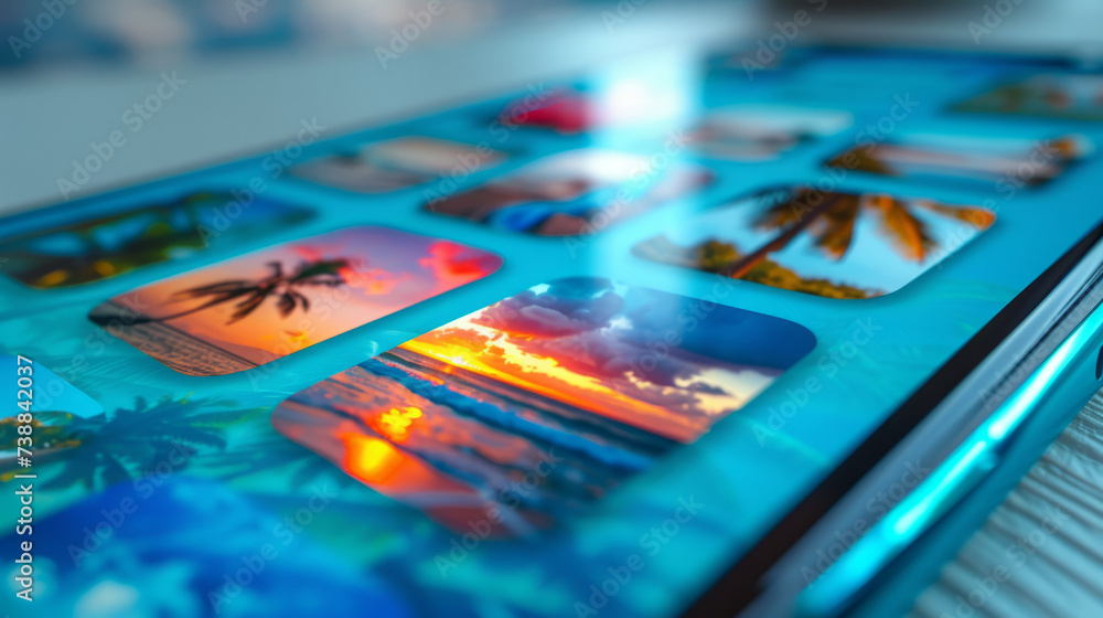 The phone screen with icons of photos of tropical landscapes. The concept of vacation photos, vivid impressions on the phone The phone screen with icons of photos of tropical landscapes. The concept of vacation photos, vivid impressions on the phone