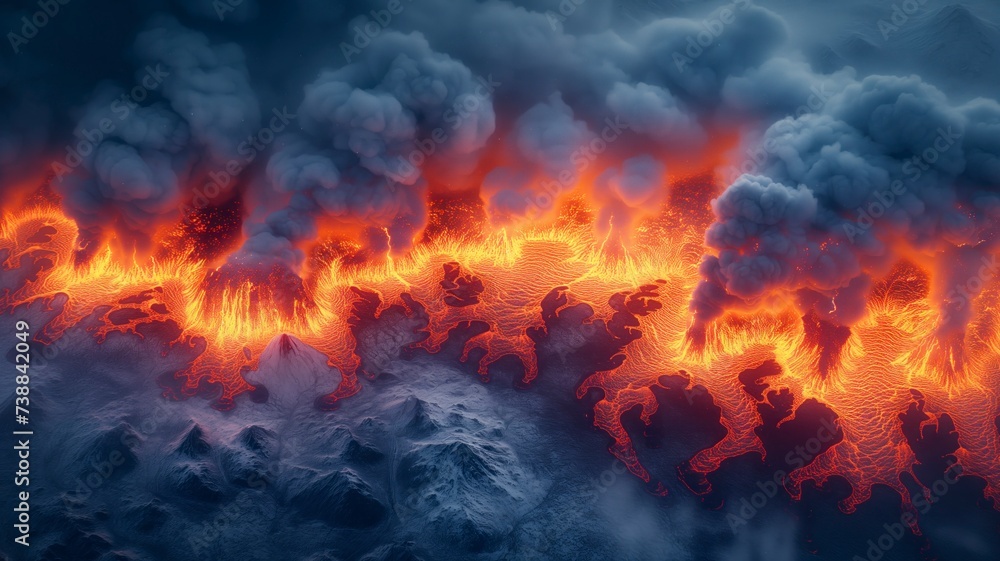 The untamed force of nature erupts as the volcano spews fiery clouds of smoke, engulfing the outdoors with intense heat and explosive flames The untamed force of nature erupts as the volcano spews fiery clouds of smoke, engulfing the outdoors with intense heat and explosive flames