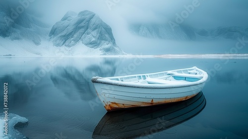 A lone boat glides through the serene fog, surrounded by majestic mountains and the tranquil beauty of nature on a peaceful lake