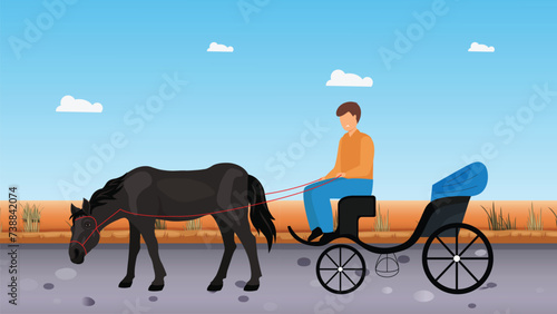 Vintage horse drawn carriage complete with horse tack and wagon details