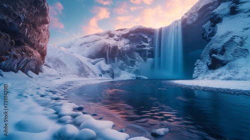 A serene winter wonderland  where a majestic waterfall cascades down a frozen mountain amidst a blanket of snow  under a cloudy sky