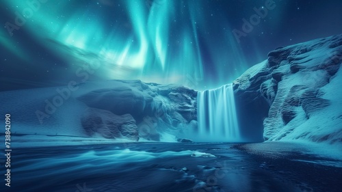 A majestic winter landscape, where a river cascades into a glittering waterfall, framed by snow-covered mountains, under the enchanting glow of a green aurora borealis