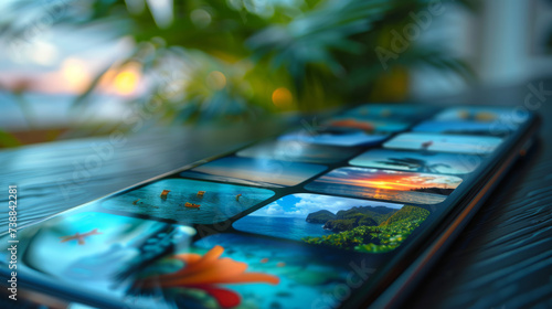 The phone screen with icons of photos of tropical landscapes. The concept of vacation photos, vivid impressions on the phone
