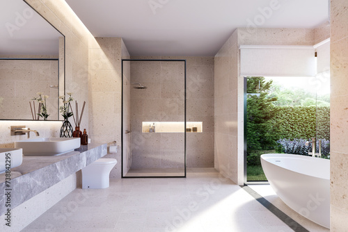 Fototapeta Naklejka Na Ścianę i Meble -  Minimal style modern luxury bathroom with nature view 3d render, It has a beige granite tile floor and walls, gray marble sink counter Large windows with views of the green garden.