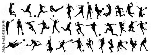 Silhouettes of different men and women performing various sport activities, playing basketball, volleyball, tennis, soccer, football, running. Vector illustrations isolated on transparent background.