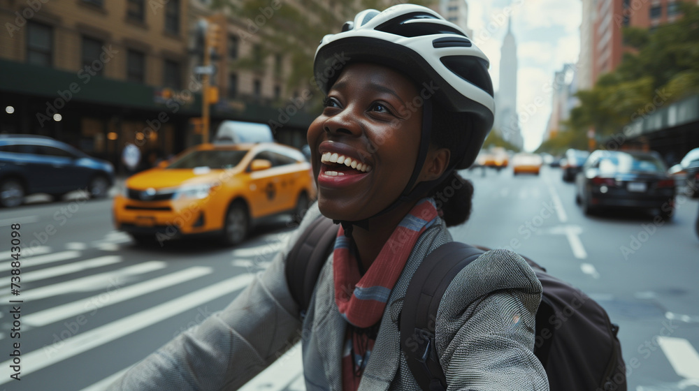 Smiling african american female cycling to work in London to save money and live sustainably. Working woman travelling by bike to the office. Exploring New York by bicycle. Copy space, AI generated - obrazy, fototapety, plakaty 