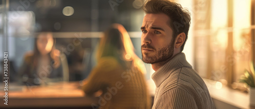 Man Sullenly Faces Synthetic Receptionist in Unemployment Office photo