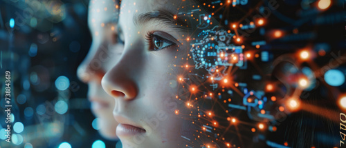 Young Girls close-up  futuristic Visualization of Human and Artificial Intelligence Integration