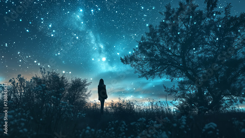 A lone figure stands amidst wildflowers, looking up at a breathtaking night sky peppered with stars and the Milky Way. 