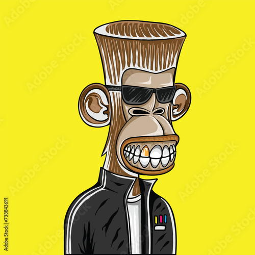 Ape with bored cry face with pacifier, cap and bib. Original monkey NFT artwork. Crypto graphic asset. Flat vector illustration isolated on background