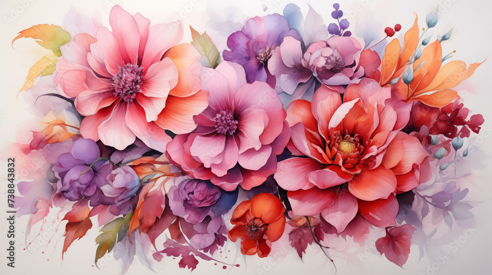 Watercolor paintings of flowers of various colors and species.