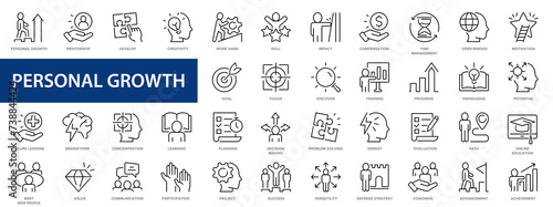 Personal growth line icons set. Coaching, success, career progress icons and more signs. Thin line icon collection.