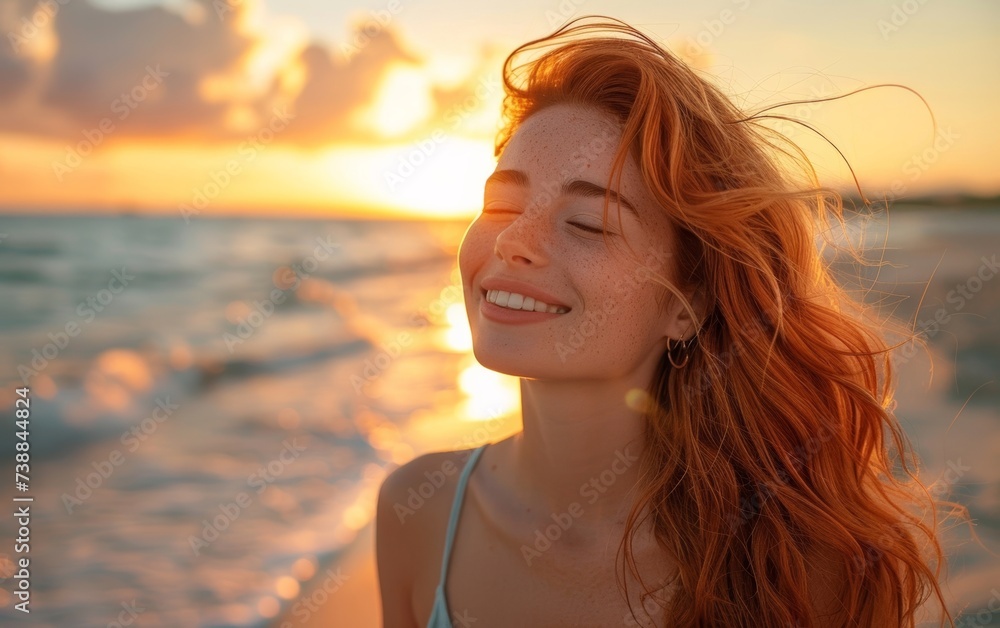 Blissful redhead lady basks in the serene beach sunset, relishing her carefree summer stroll, as the waves' melody enhances her joyous vacation.