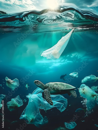 The concept of plastic pollution in the ocean  a turtle swims amongst plastic bags while a man fishes