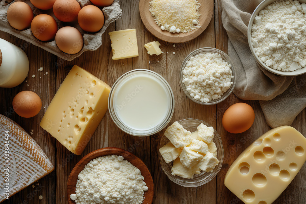 Hearty Harvest: A Close-Up Symphony of Dairy Delights on a Rustic Wooden Canvas Hearty Harvest: A Close-Up Symphony of Dairy Delights on a Rustic Wooden Canvas