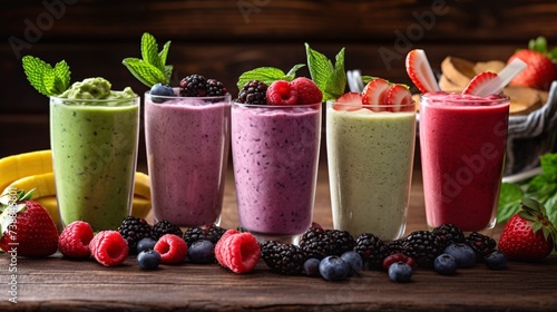 a row of different colored smoothies with berries