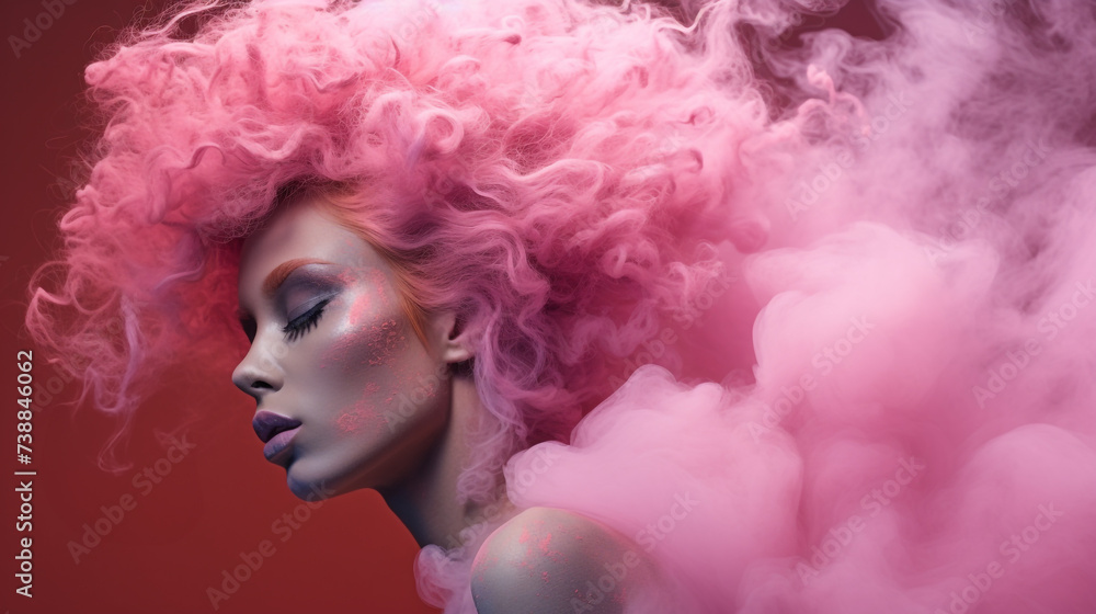 Pink hair girl smoke bomb model surreal red background