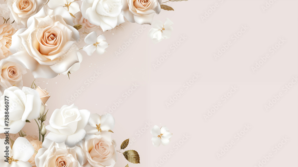 background, Romantic Wedding Roses Bouquet and Card with white Flowers, Love, and Nature Decorations for a Beautiful Celebration