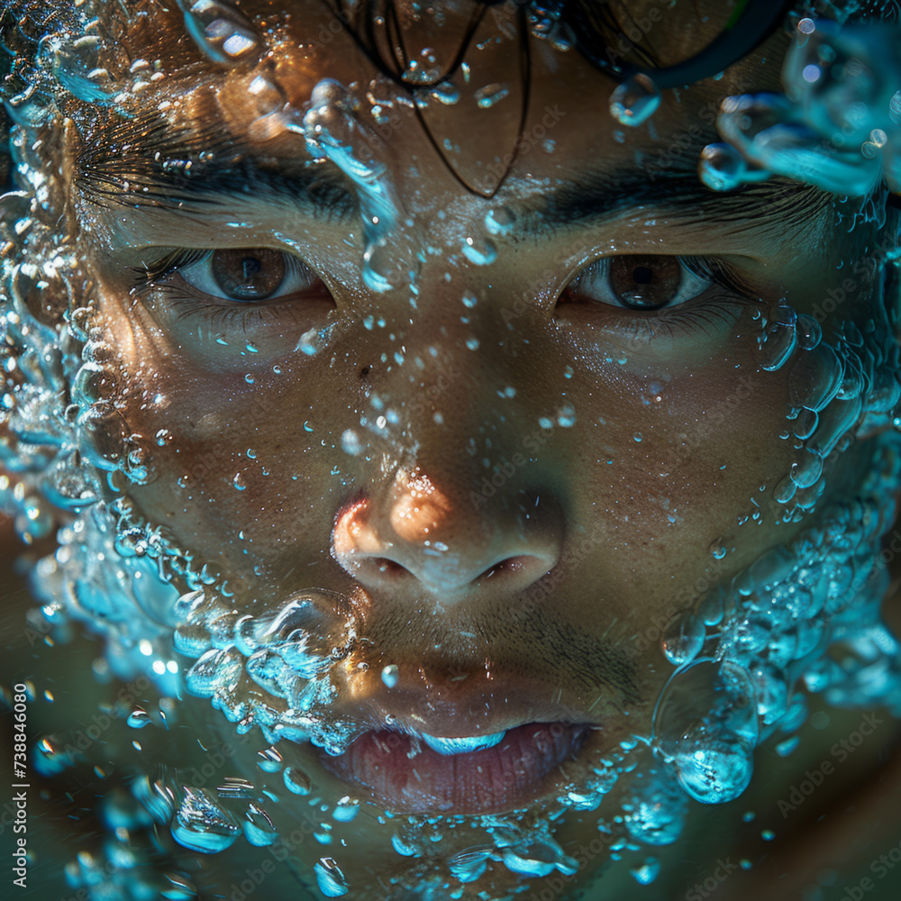 Close-up of a man's face submerged in water with bubbles Close-up of a man's face submerged in water with bubbles
