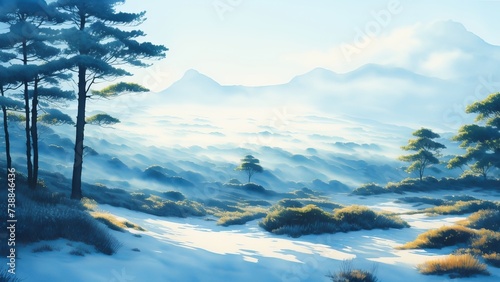 Blue landscape of foggy forest, winter hill. Wild nature, frozen, misty, taiga. watercolor background. AI Generated