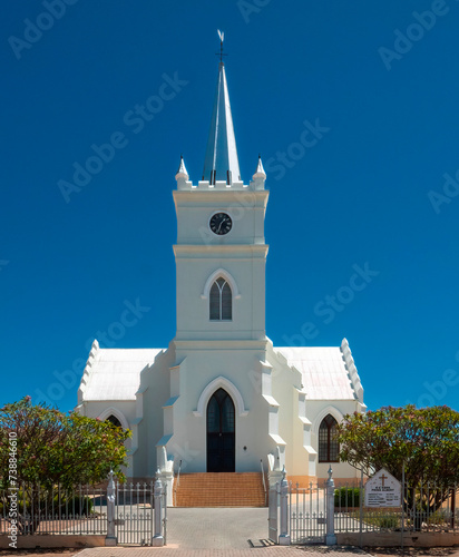 View of the Dutch Reformed Church from Church Street, Prince Albert. Completed in 1865, the church clock tower was used by British forces during the Boer War as a lookout.